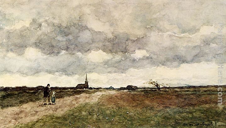 Jan Hendrik Weissenbruch Figures On A Country Road, A Church In The Distance